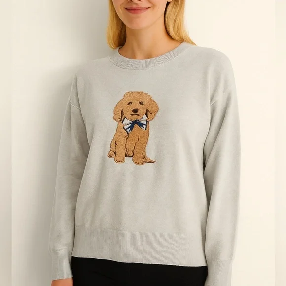 1336.Gray Sweater with Dog Embroidery Sherpa cute - Picture 2 of 2